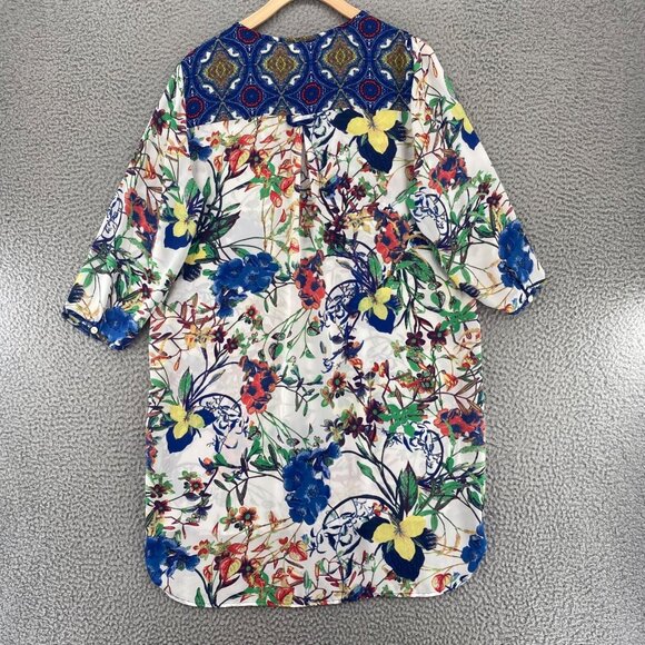 Fig And Flower Dress Womens Large Blue Multi Floral Shirt Tunic 1/4 Button Up - Picture 3 of 11